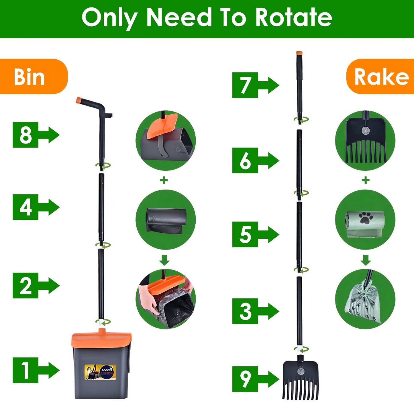 1Set Pooper Scooper Kit Dog Poop Rake & Swiveling Bin Poop Heavy Duty Pick Up Tool With Extra Long Handle 35 Waste Bags Dispenser