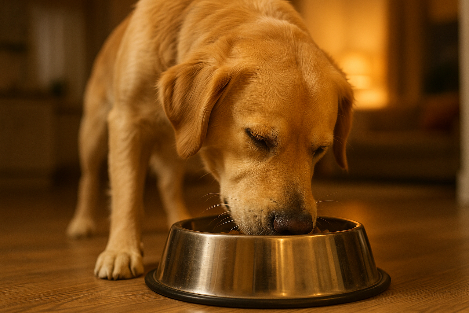 A dog eating out of a bowl