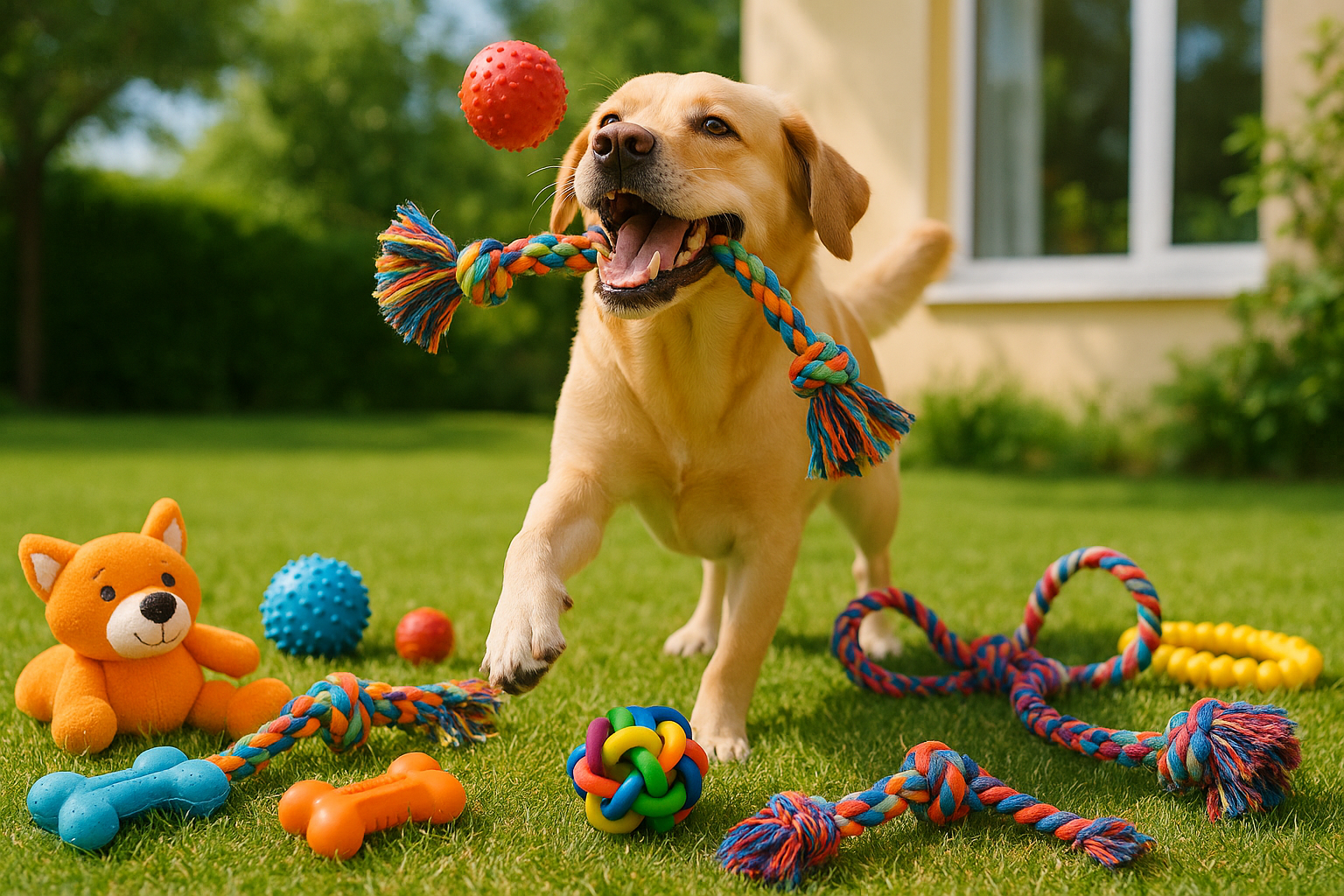 Dog playing with toys
